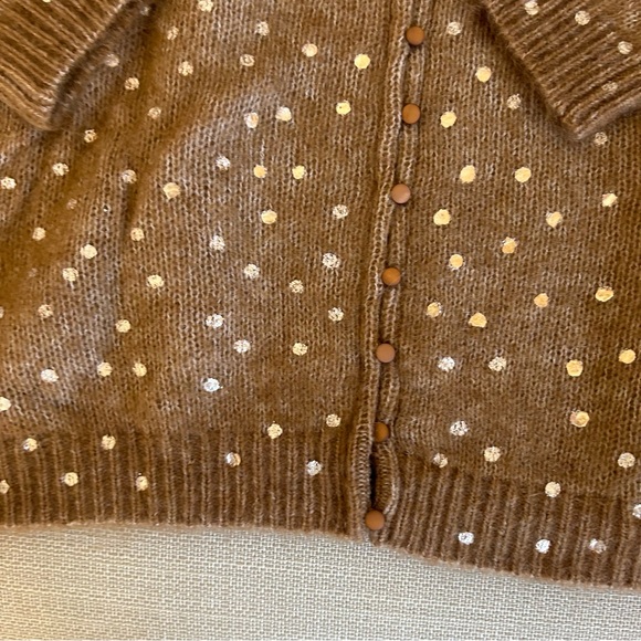 BEST Sezane Lizy Cardigan Camel Gold Polka Dot French Wool Causal - Picture 9 of 11